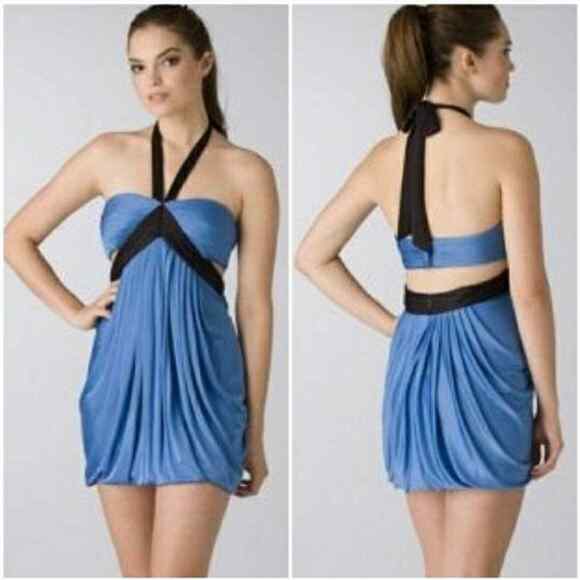 BCBGMaxazria Halter Cocktail Mini Dress Blue Cut Out Pleated Balloon Hem S - Picture 1 of 5